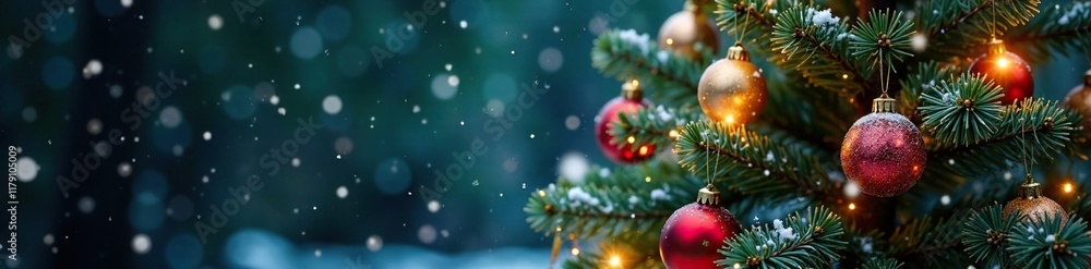Sparkling snowflakes gently fall around a majestic Christmas tree with twinkling lights and colorful ornaments, snowfall, festive christmas scene, greenery Sparkling snowflakes gently fall around a majestic Christmas tree with twinkling lights and colorful ornaments, snowfall, festive christmas scene, greenery