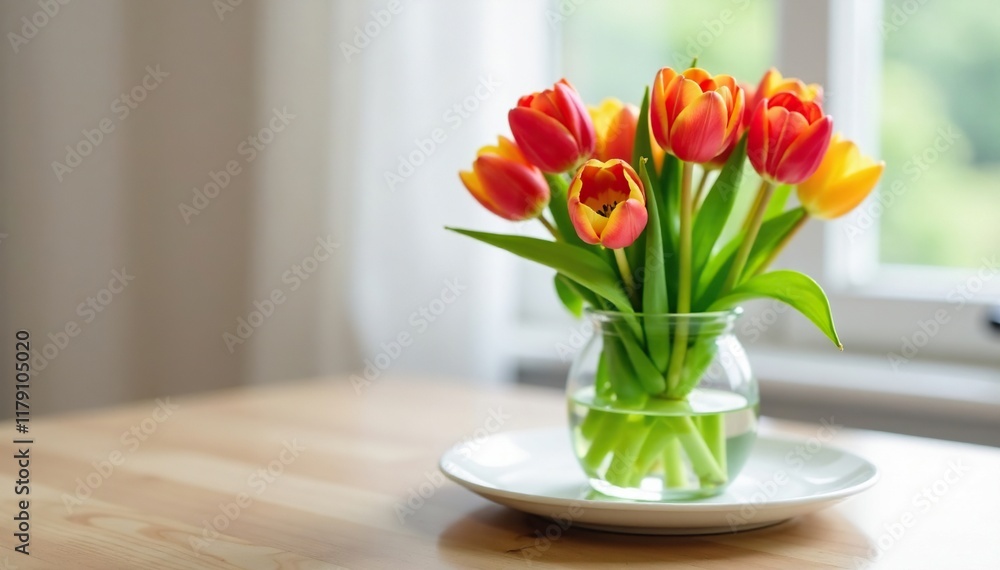 Spring tulips in a small glass container on a breakfast plate, , arrangement, table decor Spring tulips in a small glass container on a breakfast plate, , arrangement, table decor
