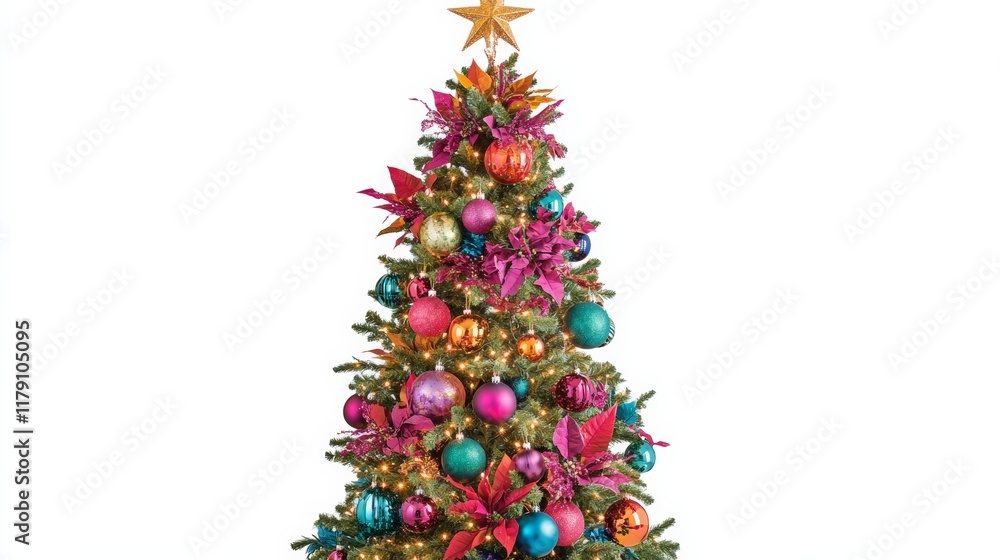Obraz premium A detailed PNG of a Christmas tree decorated with vibrant ornaments, lights, and a star topper, set on a transparent background