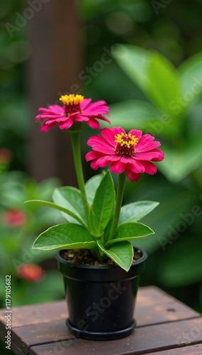 Wallpaper Mural Small pot with shallow depth of field featuring Zinnia blooms, focus, nature Torontodigital.ca