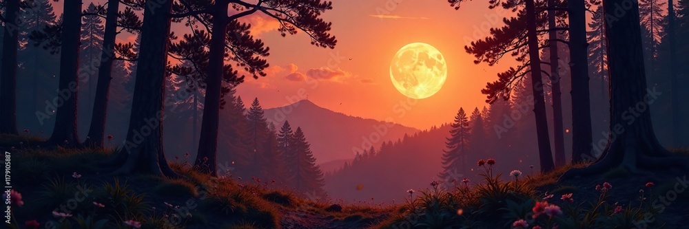 Naklejka premium A forest at dawn with the first hints of a full moon in the sky, dawn, golden glow