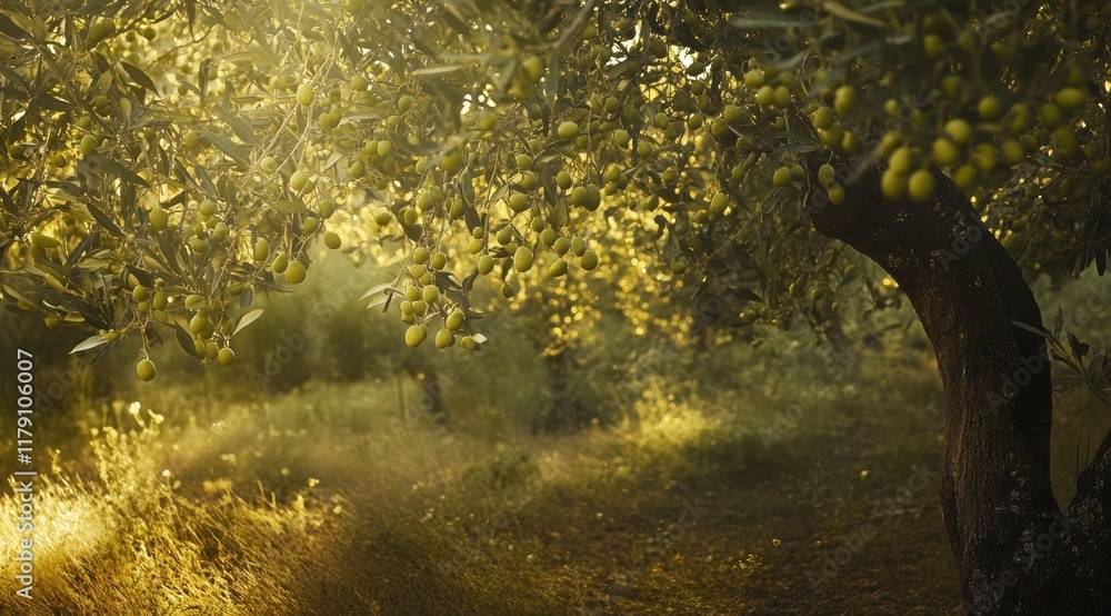 An olive orchard with green olives hanging from the branches, bathed in sunlight. An olive orchard with green olives hanging from the branches, bathed in sunlight.