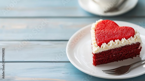 Decadent Red Velvet Heart Shaped Cake with Creamy Frosting Served on a Wooden Table   A Tempting Treat for Valentine s Day or Any Romantic photo