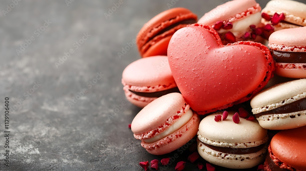Obraz premium A close up shot of red and pink macarons stacked in a heart shape representing the themes of love romance and The delicate French pastries are displayed on a minimalist background