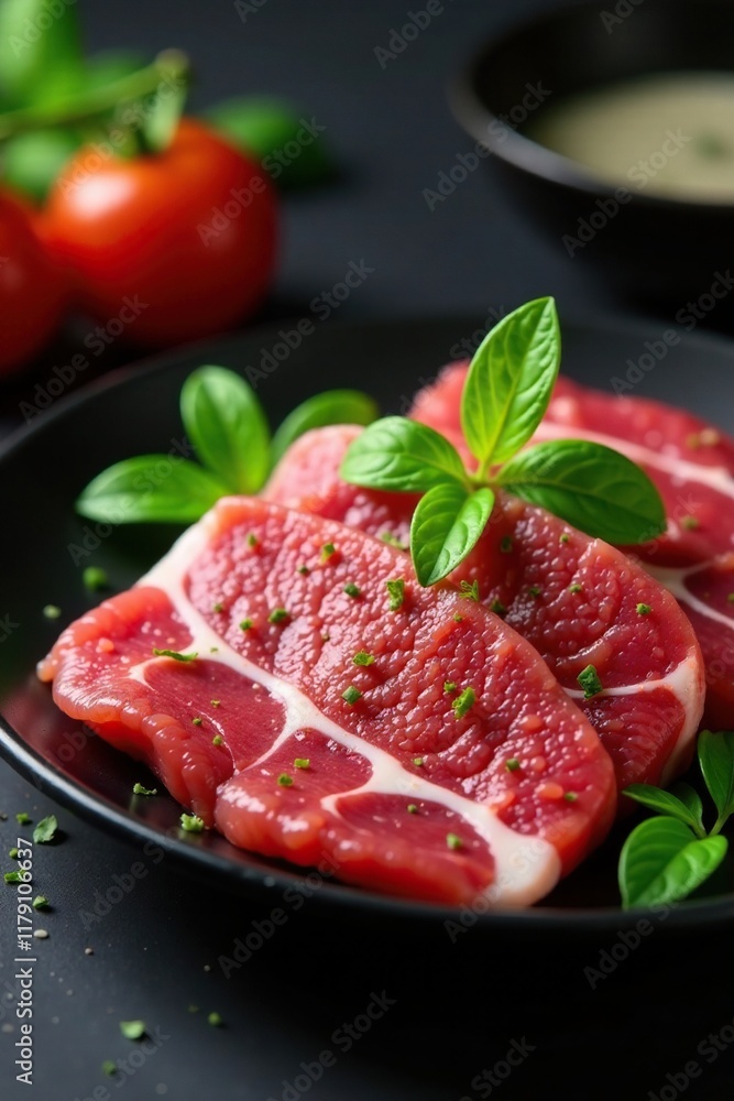 Thinly sliced raw beef on black plate with microgreens, blackplate, italianfood Thinly sliced raw beef on black plate with microgreens, blackplate, italianfood