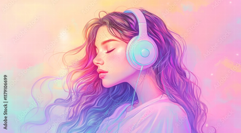 Beautiful woman with long hair, wearing pastel headphones on her head, eyes closed and enjoying music against a pastel background. Beautiful woman with long hair, wearing pastel headphones on her head, eyes closed and enjoying music against a pastel background.