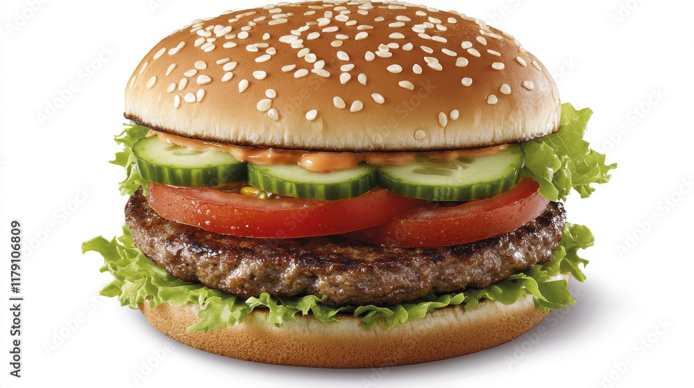 Fast food hamburger cartoon character with grilled patty, fresh tomato and cucumber slices, lettuce leaves for takeaway or cafe menu design Fast food hamburger cartoon character with grilled patty, fresh tomato and cucumber slices, lettuce leaves for takeaway or cafe menu design
