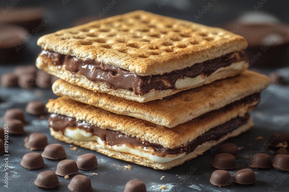 Three stacked dessert sandwiches with chocolate filling, surrounded by chocolate pieces. Three stacked dessert sandwiches with chocolate filling, surrounded by chocolate pieces.