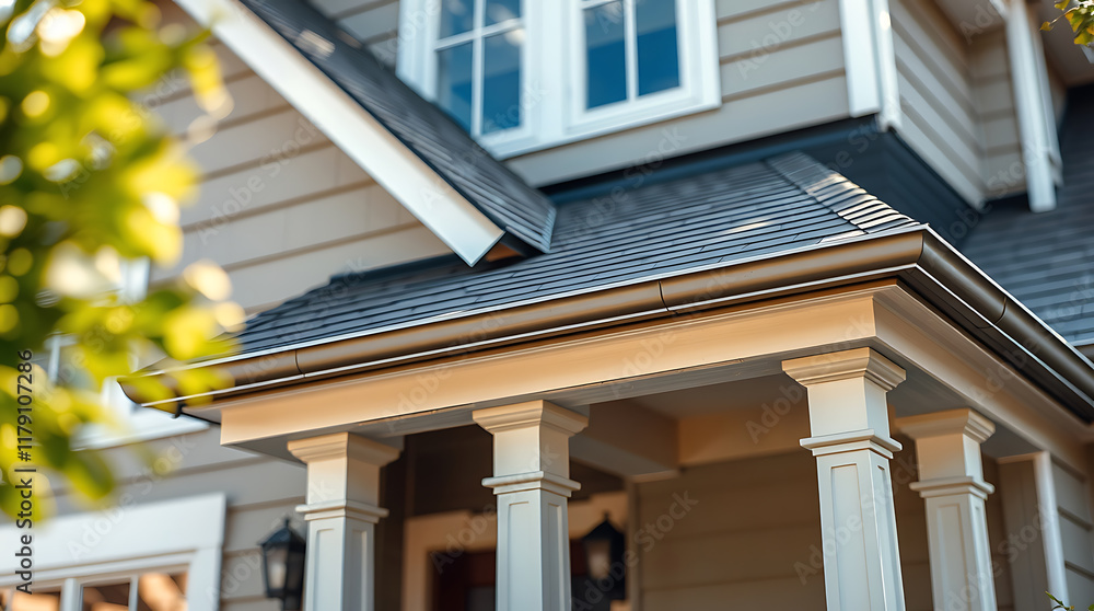 House Exterior Detail: Roofline, Gutters, and Porch Columns House Exterior Detail: Roofline, Gutters, and Porch Columns