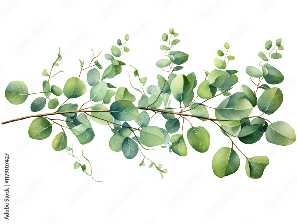 Obraz premium Generous Eucalyptus branch isolated on white background. Flat lay, top view. floral concept