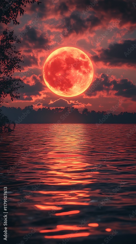 Red moon reflection on water at night high resolution hd picture Red moon reflection on water at night high resolution hd picture