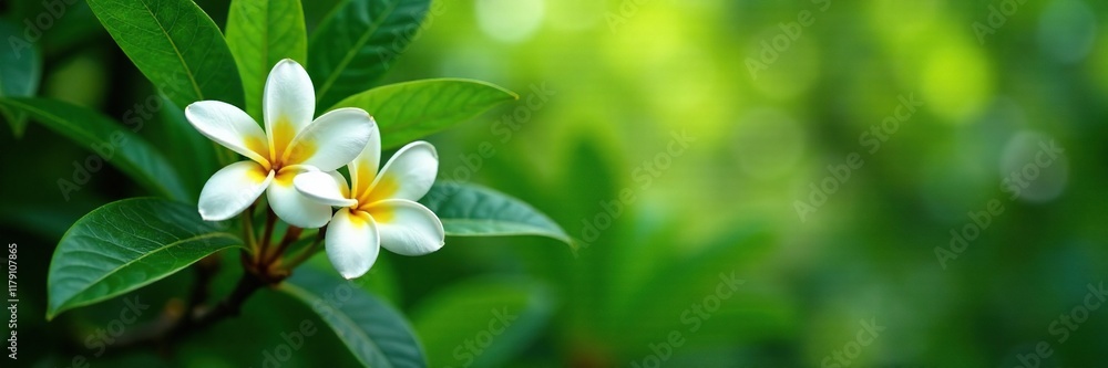 Fototapeta premium Plumeria tree with white frangipani flowers and lush green foliage, green, tropical, nature