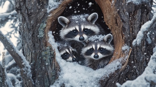 A family of raccoons emerging from their den in a hollow tree, venturing out into a freshly fallen snow.