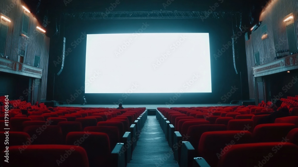 Fototapeta premium People in the cinema auditorium with empty white screen. 