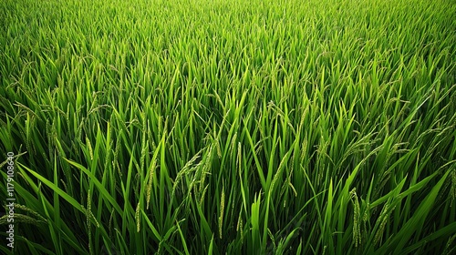 Lush green rice paddy field, rural landscape, agriculture, farming background, ideal for food or travel websites. photo