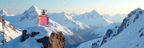 Snowy mountain landscape with a lone perfume bottle atop a rocky peak, serene, landscape, winter