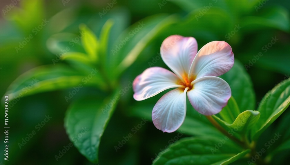 Fototapeta premium A small white and pale pink flower nestled among leaves, greenery, nestled, floral