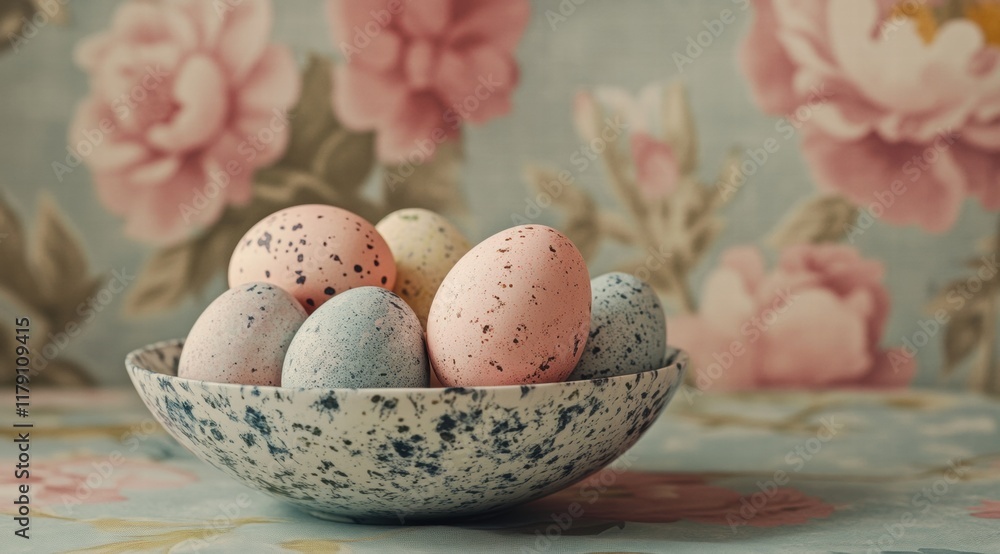 Easter eggs in a bowl, with a marble texture and speckled pattern, in pastel colors against a floral background. Easter eggs in a bowl, with a marble texture and speckled pattern, in pastel colors against a floral background.