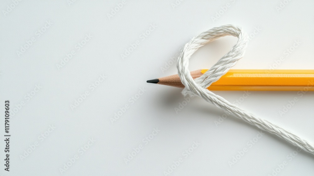 Yellow pencil with white rope twisted in loop