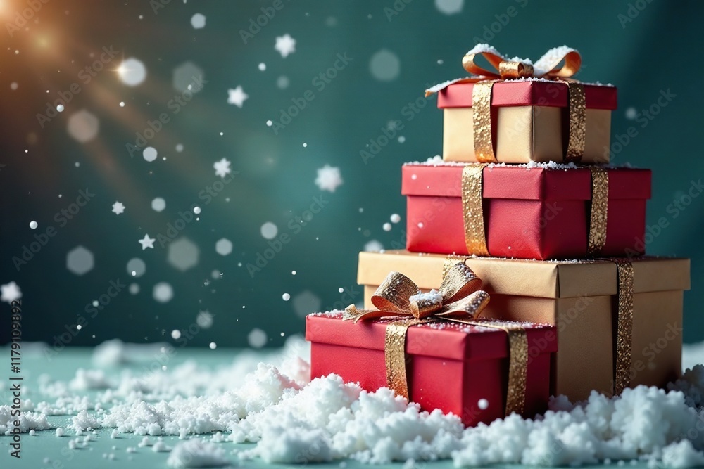 Snowflakes gently fall around a stack of stacked holiday gift boxes, holiday season, gift boxes Snowflakes gently fall around a stack of stacked holiday gift boxes, holiday season, gift boxes