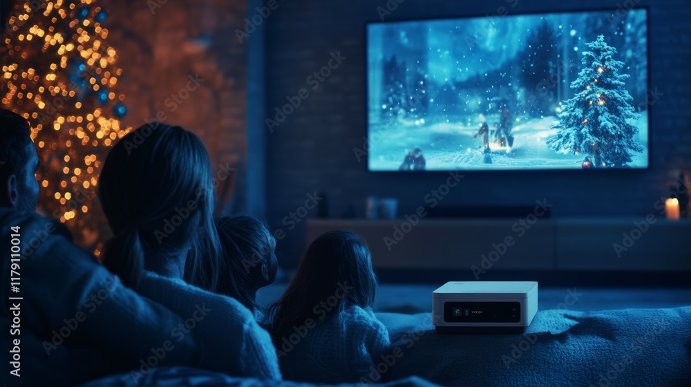 Naklejka premium family watching digital platform on a small projector in the living room, surrounded by Christmas decorations, with a big screen showing a movie list and safe streaming options
