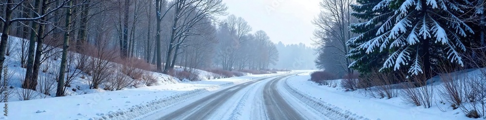 A serene winter scene of bare trees and a winding road, cold, serene A serene winter scene of bare trees and a winding road, cold, serene