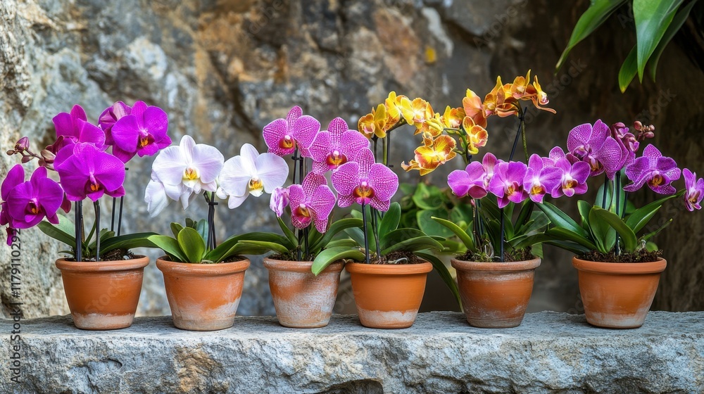 An assortment of exotic orchids in handmade clay pots on a natural stone surface An assortment of exotic orchids in handmade clay pots on a natural stone surface