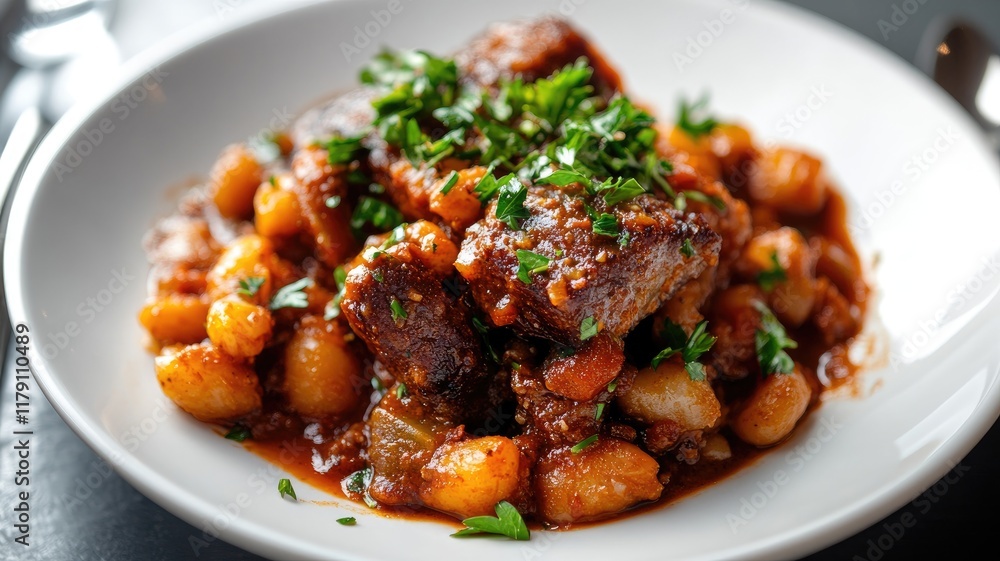 Plate of hearty beef stew with potatoes, garnished parsley Plate of hearty beef stew with potatoes, garnished parsley
