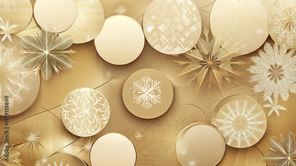 Elegant gold and white snowflake and circle design. Elegant gold and white snowflake and circle design.