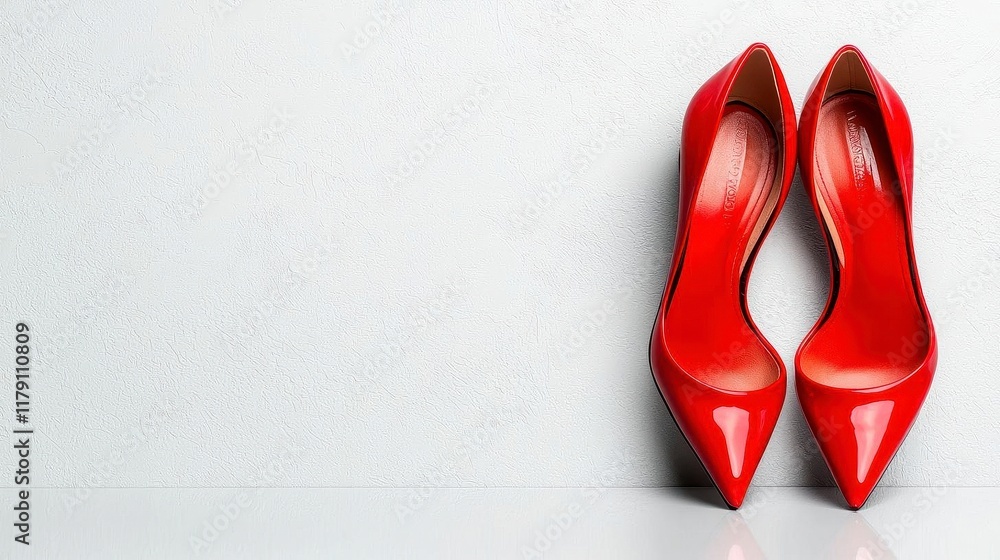 A photostock of a pair of fashionable red high heels placed neatly on a clean white surface, symbolizing elegance and luxury. High Quality A photostock of a pair of fashionable red high heels placed neatly on a clean white surface, symbolizing elegance and luxury. High Quality