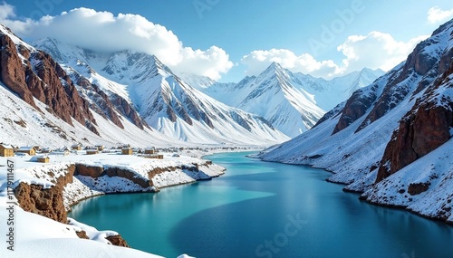 Snowy mountains and rivers surrounding Gyantse Fort, snow, mountains, river photo