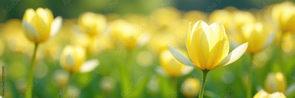 Obraz premium Delicate yellow petals unfolding in a vast field of white flowers, , bloom
