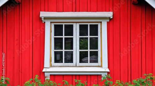 Red wooden house wall with white window.