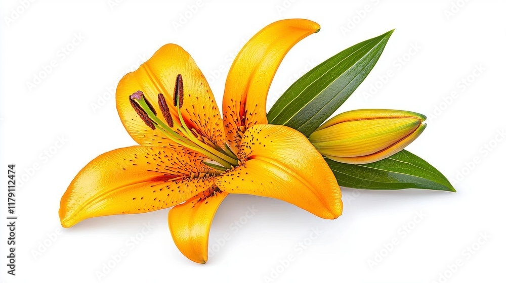 A photostock of a single bright yellow lily in bloom, isolated on a clean white background, symbolizing elegance and cheerfulness. High Quality A photostock of a single bright yellow lily in bloom, isolated on a clean white background, symbolizing elegance and cheerfulness. High Quality