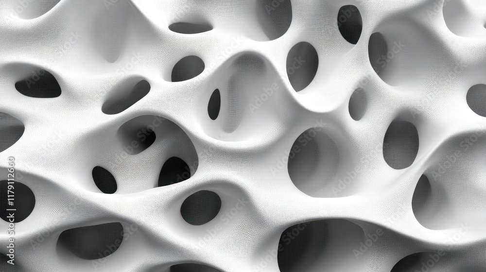 Abstract grayscale 3D render of a porous, spongy, organic structure with irregular cavities and holes. Abstract grayscale 3D render of a porous, spongy, organic structure with irregular cavities and holes.