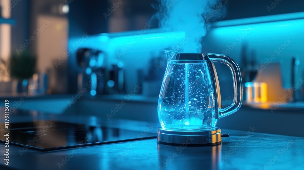 Modern Glass Kettle Boiling Water in Blue Lit Kitchen Modern Glass Kettle Boiling Water in Blue Lit Kitchen