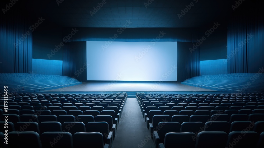 Fototapeta premium Empty Theater Setup with Multiple Rows of Seats and a Blank Screen Ready for Event Presentation or Movie Viewing Experience