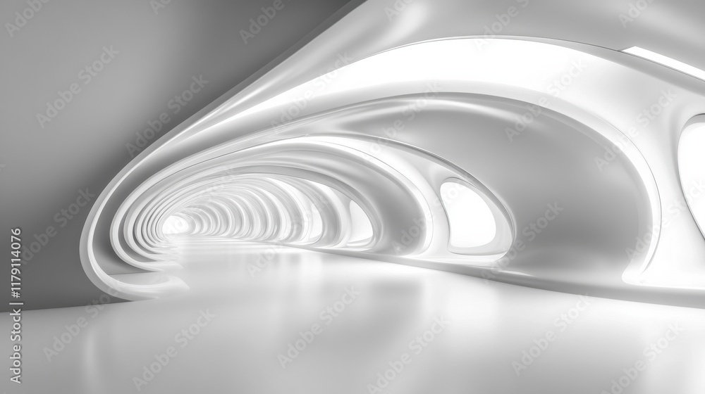 Obraz premium Empty space inside futuristic room, showroom, spaceship, hall or studio in perspective. Include ceiling, hidden light, white floor and abstract shape. Modern interior background of future, technology