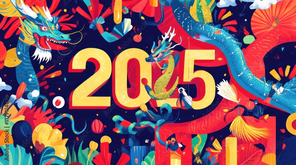 Obraz premium Vibrant 2025 Chinese New Year illustration with dragons, flowers, and festive elements.