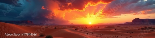 Desert landscape with stormy clouds and fiery sunset, nature, western, landscape