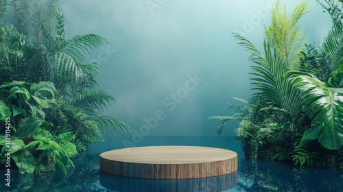 Wooden pedestal in tropical forest for product presentation and dark green wall