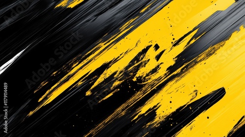 A dynamic abstract black and yellow background with brush strokes. AI generation. photo