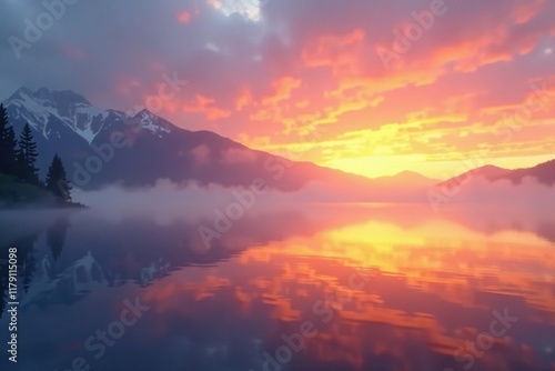 Misty veil rises from Baikal lake's surface as morning sun peeks through foggy atmosphere, sunrise, water photo