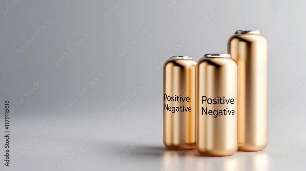 Three cylindrical gold batteries standing on grey surface Three cylindrical gold batteries standing on grey surface