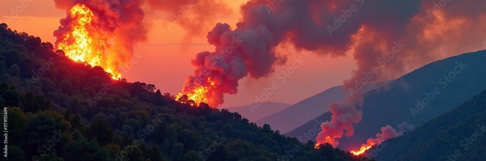 Flames rising from hillside as smoke billows through valley, landscape, wildfire Flames rising from hillside as smoke billows through valley, landscape, wildfire