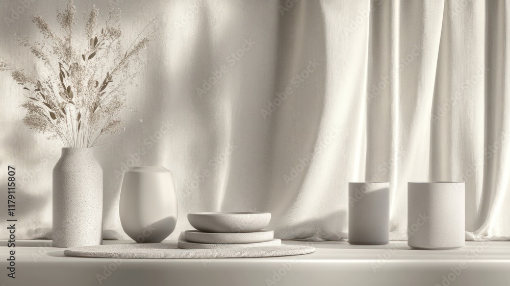 Minimalist still life with pampas grass, ceramic vases, and bowls on a white table against a flowing curtain backdrop. Minimalist still life with pampas grass, ceramic vases, and bowls on a white table against a flowing curtain backdrop.