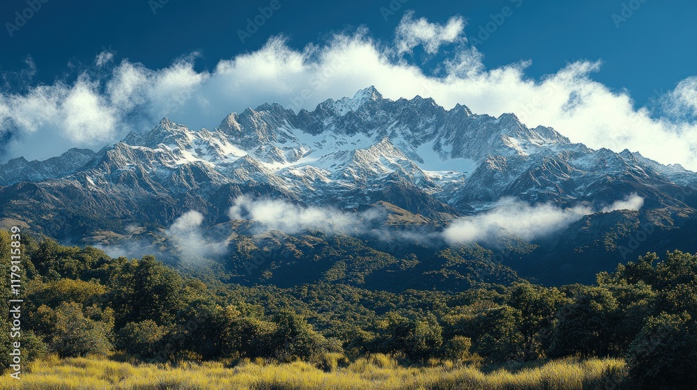 Fototapeta premium Majestic snow-capped mountains rise above lush greenery and clouds under a clear blue sky.