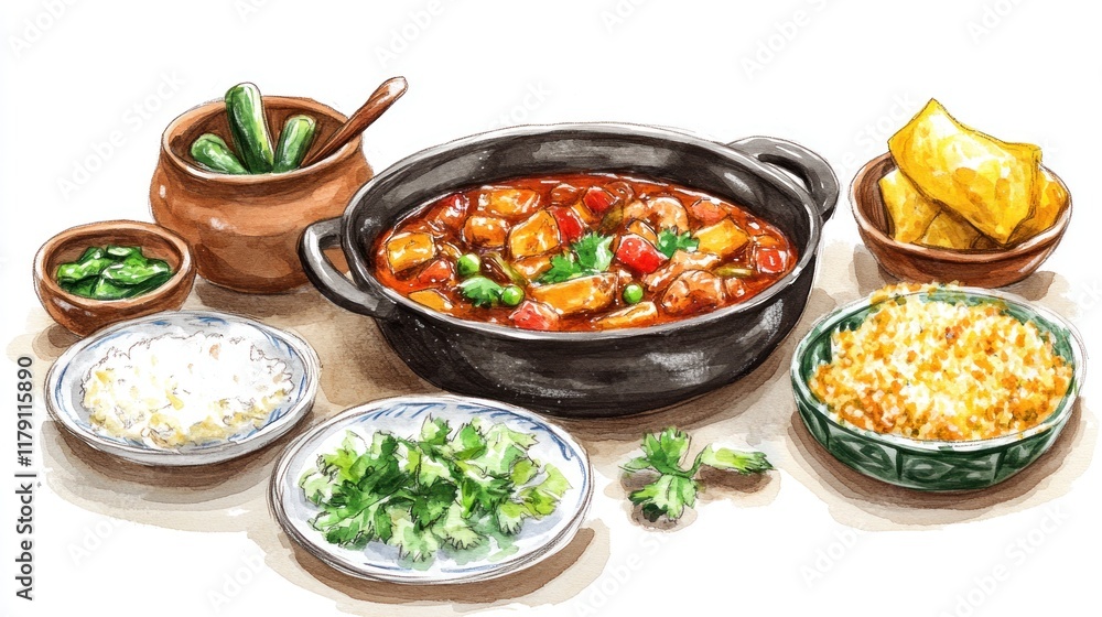 Delicious Asian stew served with rice, pickles, and spring rolls. Delicious Asian stew served with rice, pickles, and spring rolls.