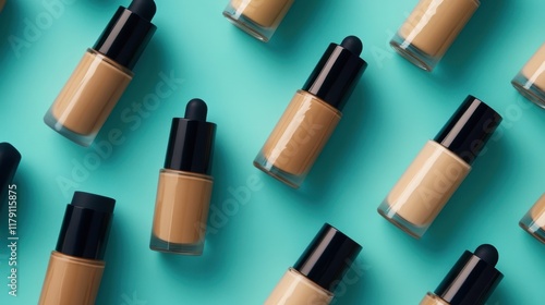 A close-up of foundation bottles and applicators on a teal background