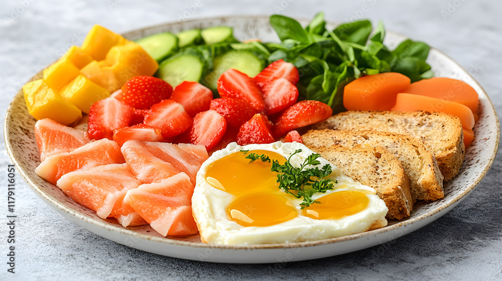 Colorful healthy breakfast platter with salmon mango strawberries and fried eggs Colorful healthy breakfast platter with salmon mango strawberries and fried eggs